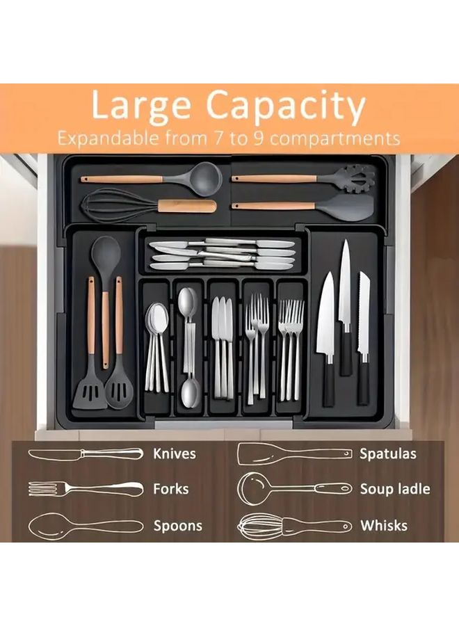 Expandable Kitchen Drawer Organizer With 8 Compartments Adjustable Utensil Tray For Forks Spoons Knives Black Large - Image 2