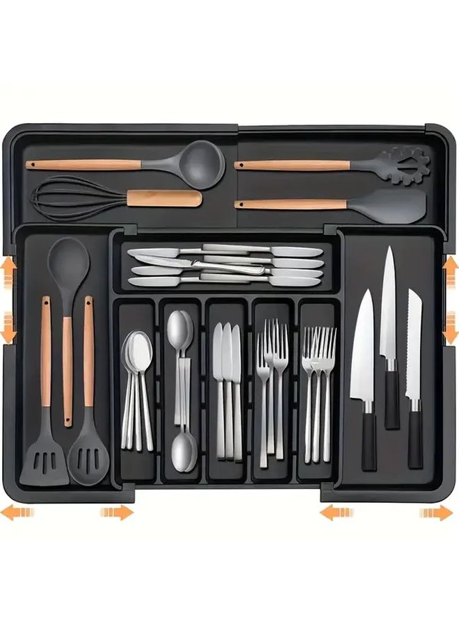 Expandable Kitchen Drawer Organizer With 8 Compartments Adjustable Utensil Tray For Forks Spoons Knives Black Large - Image 1