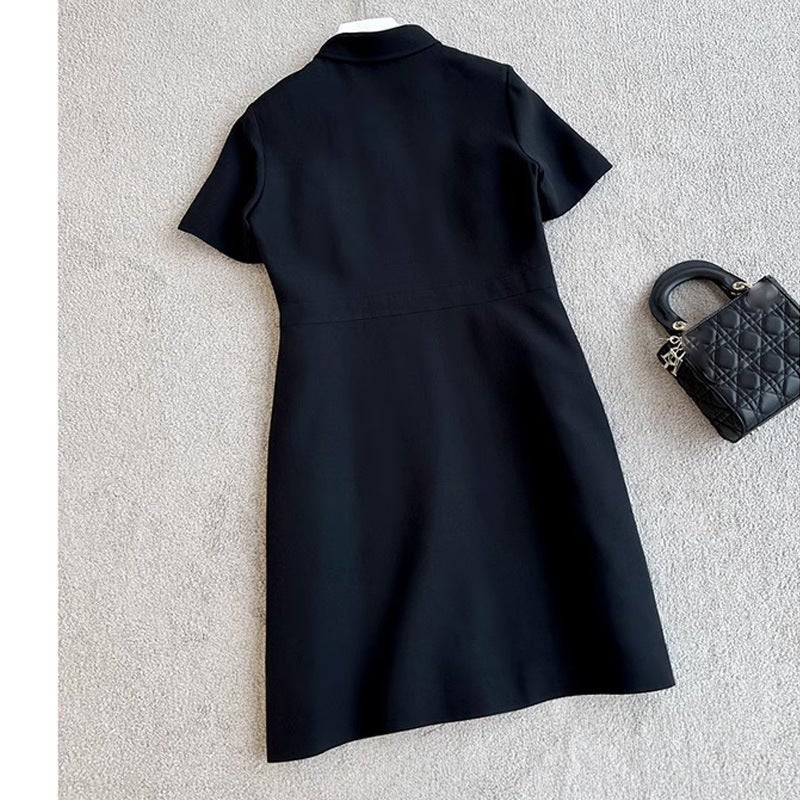 High Waist Black A-Line Midi Dress with Long Sleeves - Image 2