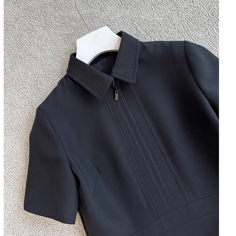 High Waist Black A-Line Midi Dress with Long Sleeves - Image 3
