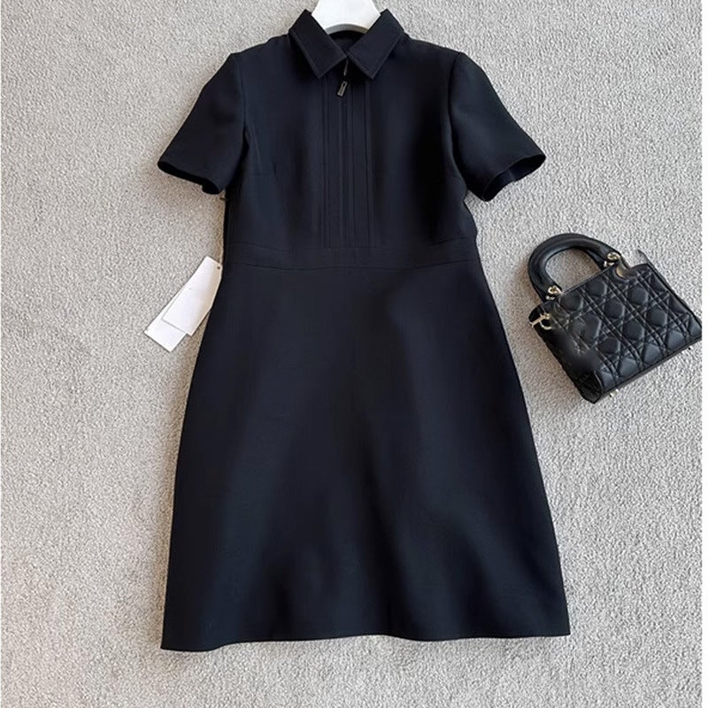 High Waist Black A-Line Midi Dress with Long Sleeves - Image 1