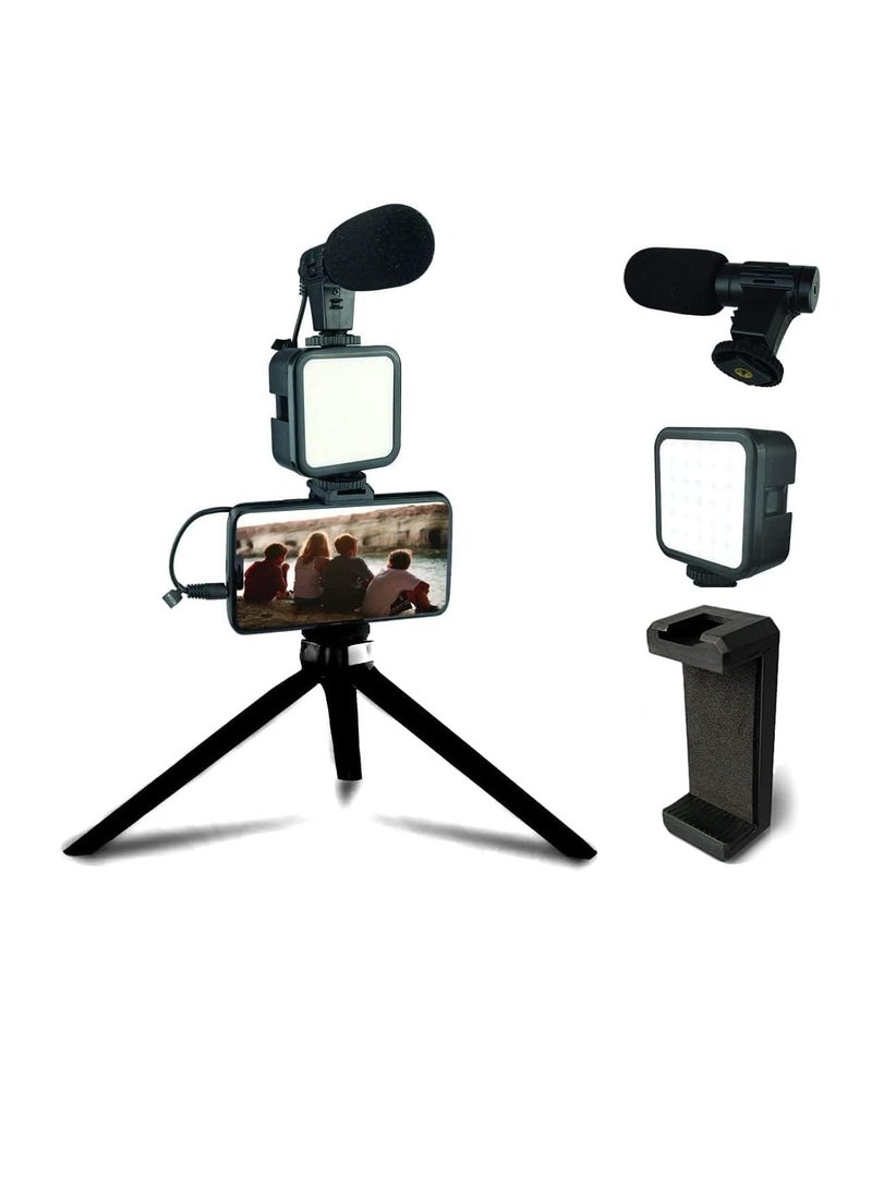 مجموعة مدونات الفيديو للمبتدئين من لأجهزة آيفون وأندرويد – حامل ثلاثي القوائم 10 إنش، ضوء LED بـ 36 مصباحًا، حامل جوال وميكروفون بندقية صغير – مثالية للبث المباشر، مكالمات الفيديو، واليوتيوب - Image 1