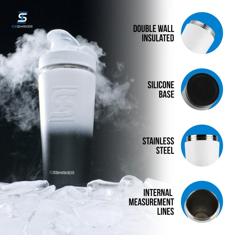 Ice Shaker Stainless Steel Shaker Bottle | 26oz, Black/White | Stays Cold for 30+ Hours | Insulated Cup with Twist-on Agitator | Odor-Free Shaker Cup for Protein Shakes, Water, Smoothies - Image 2
