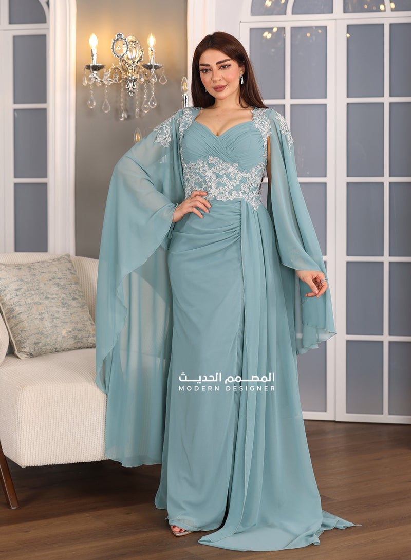 Modern Design An evening dress with elegant embroidery made of chiffon material in an elegant sky color with embroidery on the chest and shoulders. The dress is distinguished by its elegant design with a short back  - Image 1