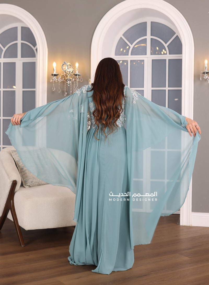 Modern Design An evening dress with elegant embroidery made of chiffon material in an elegant sky color with embroidery on the chest and shoulders. The dress is distinguished by its elegant design with a short back  - Image 3
