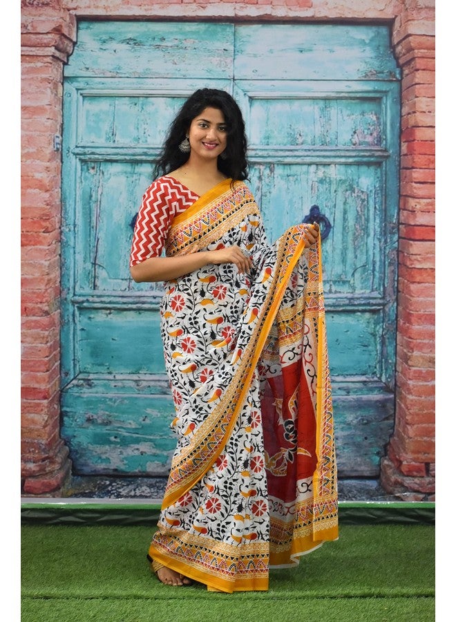 Kiaaron Handicrafts Women's Ikat Hand Block Print Jaipuri Cotton Mulmul Saree with Blouse Piece - _SH_114 - Image 4