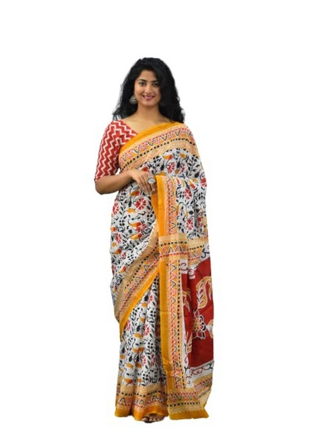 Kiaaron Handicrafts Women's Ikat Hand Block Print Jaipuri Cotton Mulmul Saree with Blouse Piece - _SH_114 - Image 1