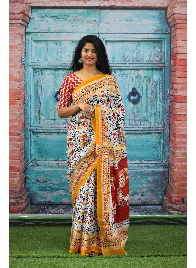 Kiaaron Handicrafts Women's Ikat Hand Block Print Jaipuri Cotton Mulmul Saree with Blouse Piece - _SH_114 - Image 2