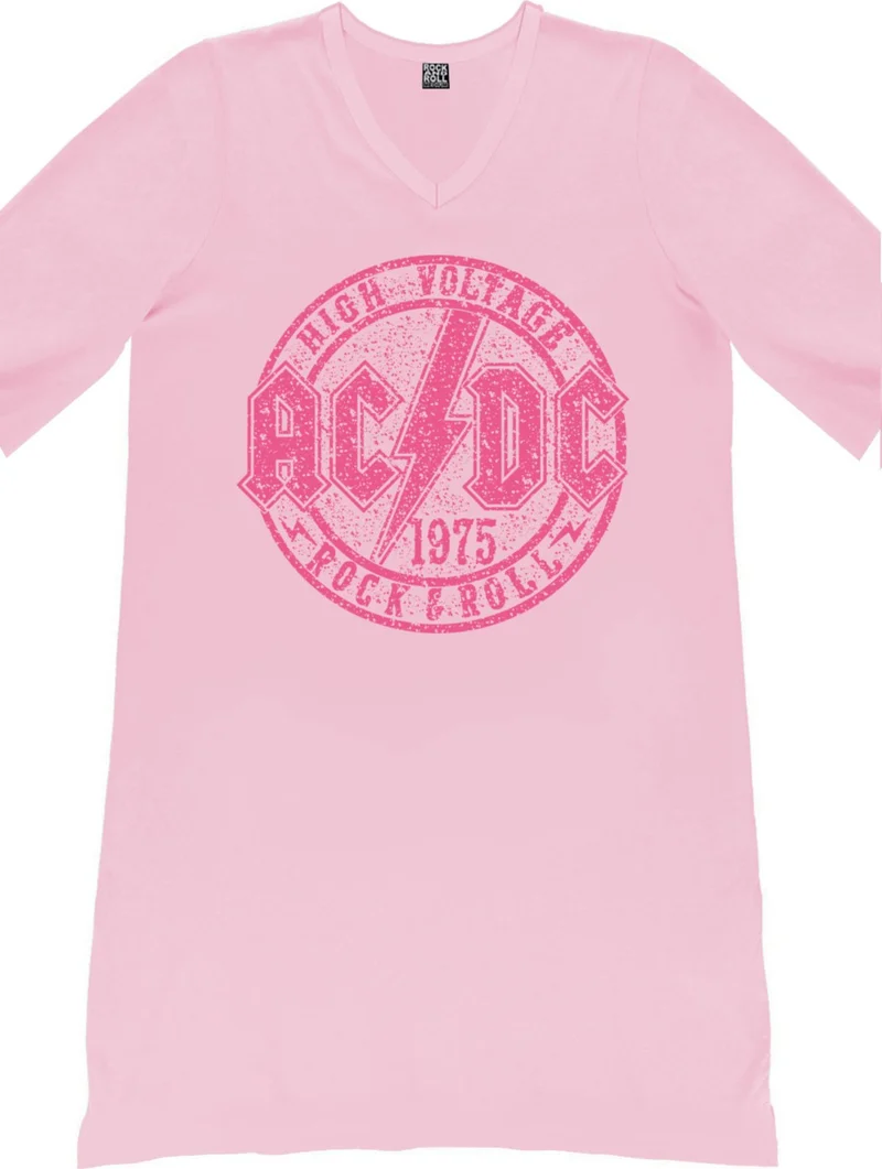 Rock&Roll Acdc Pink V Neck Half Sleeve Knee Length Comfortable Home Dress Nightgown in Apartment
