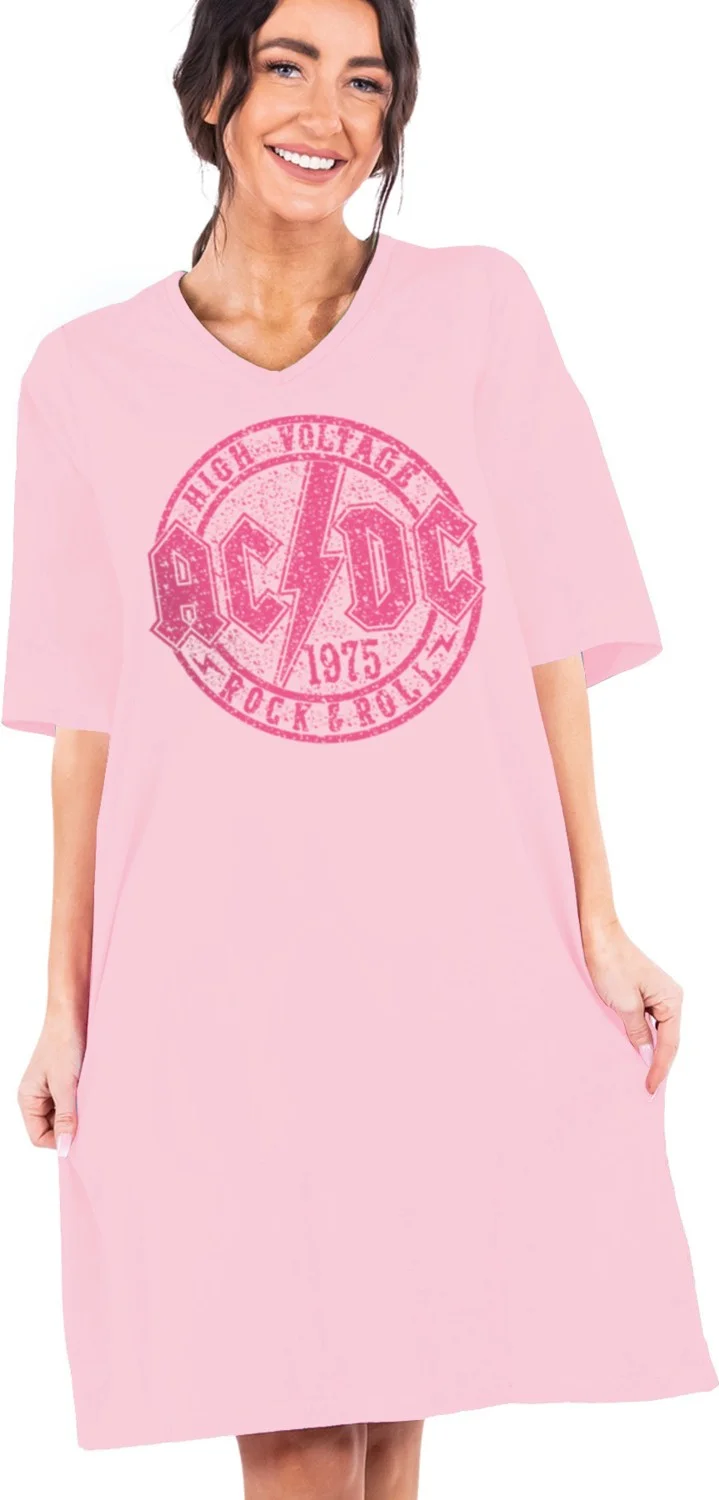Rock&Roll Acdc Pink V Neck Half Sleeve Knee Length Comfortable Home Dress Nightgown in Apartment