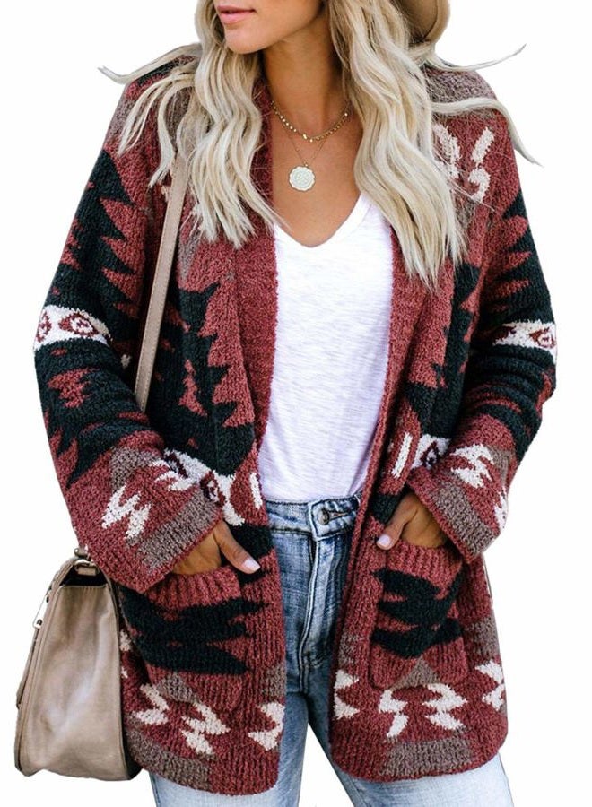 Ferbia Women Boho Cardigan Aztec Open Front Loose Slouchy Sweaters Tribal Long Sleeve Knitted Christmas Jacket Coat - Image 1