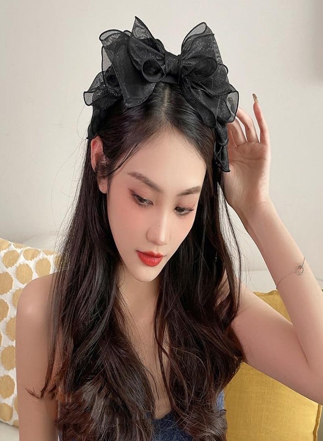 YangQian Black Bow Headband for Women Girls Bow Hair Band Hoop for Women Girls Gauze Bowknot Headband Black Knotted Bow Hair Accessories for Women Girls Vintage Headband Bows - Image 3
