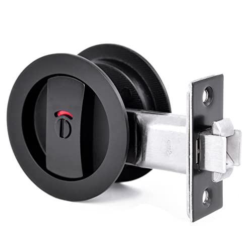 Dontay Pocket Door Color Coded Indicators LockPrivacy BedBath Handles Latch 238 Backset Hardware for 1 38 to 2 316 Thickness DoorExcluding Edge Pull Matte Black Round 1 Pack - Image 1
