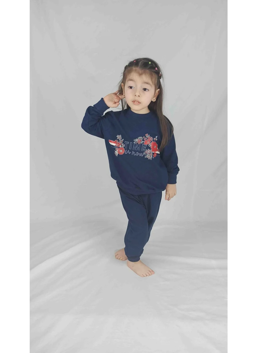 Bluence Girl's Navy Blue Printed Cotton Tracksuit Set