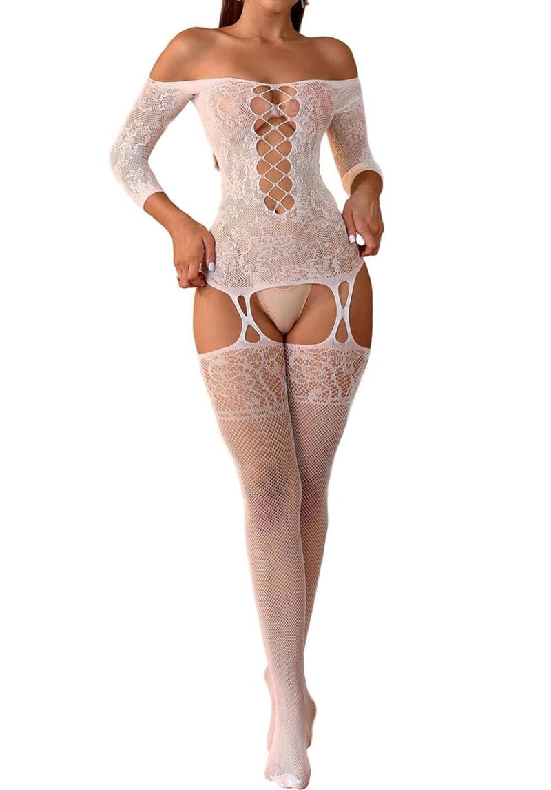 Buitifo Women Sexy Lingerie Fishnet Tights Bodystocking Mini Top Attached Stockings (White,M) - Image 1