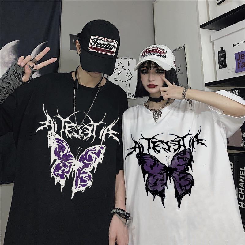 Dark Couple Wear 2025 Trendy Ins Butterfly Print Student Short-Sleeved Loose T-Shirt For Men And Women - Image 2