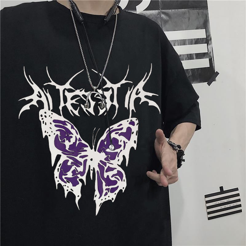 Dark Couple Wear 2025 Trendy Ins Butterfly Print Student Short-Sleeved Loose T-Shirt For Men And Women - Image 4