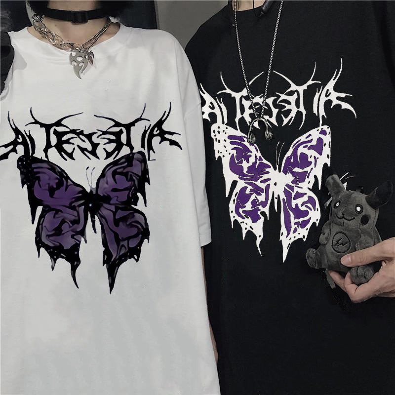 Dark Couple Wear 2025 Trendy Ins Butterfly Print Student Short-Sleeved Loose T-Shirt For Men And Women - Image 5