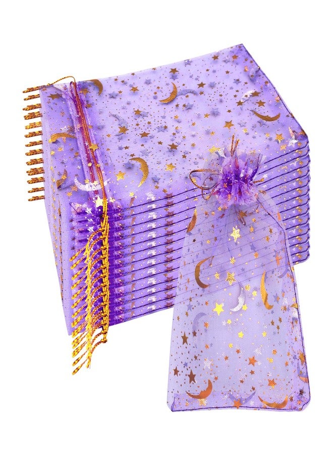 DIYOMR 120Pcs Dream Night Sky Star Moon Gold Organza Lovely Bags Jewelry Cosmetic Bags 4.3x6.3 Inch Drawstring Mesh Favor Pouches Giftwrap Bags for Wedding Party Gift Packaging (Purple - Image 1