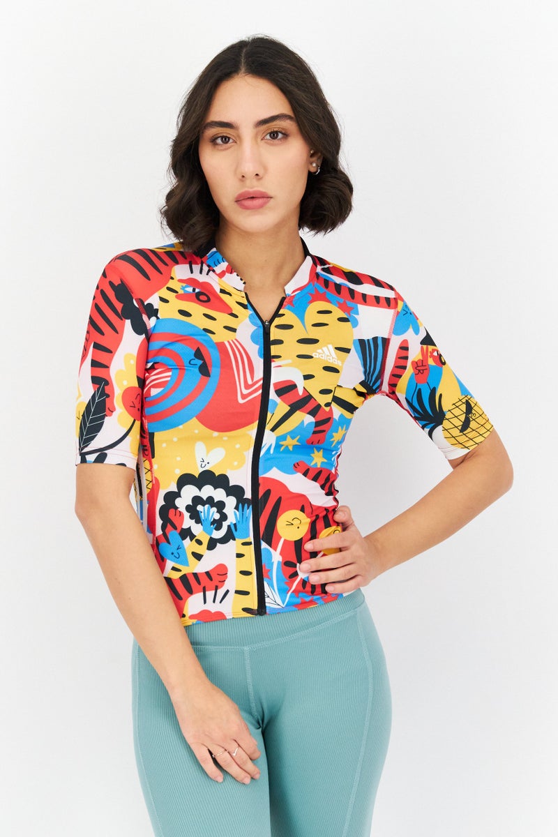 Adidas Women Sportswear Fit Allover Print Training Jersey, Red Combo - Image 1