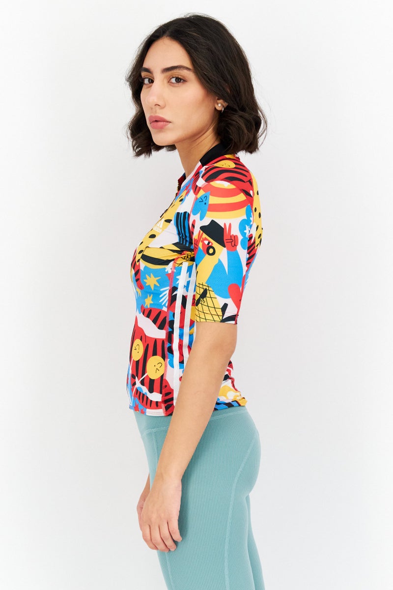 Adidas Women Sportswear Fit Allover Print Training Jersey, Red Combo - Image 4