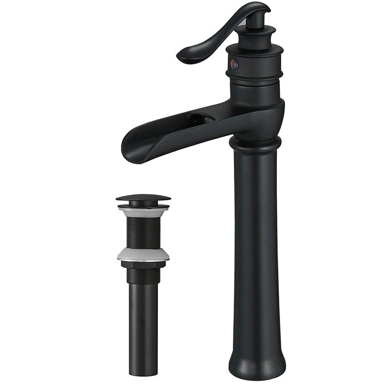 BWE Matte Black Bathroom Faucet Single Hole Waterfall Vessel Sink Faucet Farmhouse with Pop Up Drain Stopper Assembly Without Overflow and Supply Hose Lavatory Vanity Bath Bowl Tall