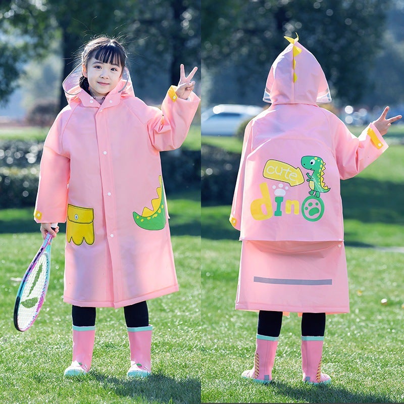 Childrens raincoat rain boots suit girls boys kindergarten backpack waterproof full body Lightweight dinosaur poncho Pink