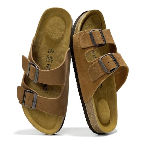 Project Cloud Genuine Leather Mens Sandals with Memory Foam Natural Cork Footbed Slides for Men Footwear - Non-Slip Double-Strap Buckle Summer Sandals (Arizona,TANSUEDE,9) - Image 1