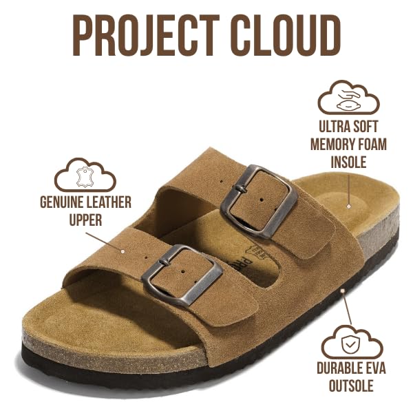 Project Cloud Genuine Leather Mens Sandals with Memory Foam Natural Cork Footbed Slides for Men Footwear - Non-Slip Double-Strap Buckle Summer Sandals (Arizona,TANSUEDE,9) - Image 2