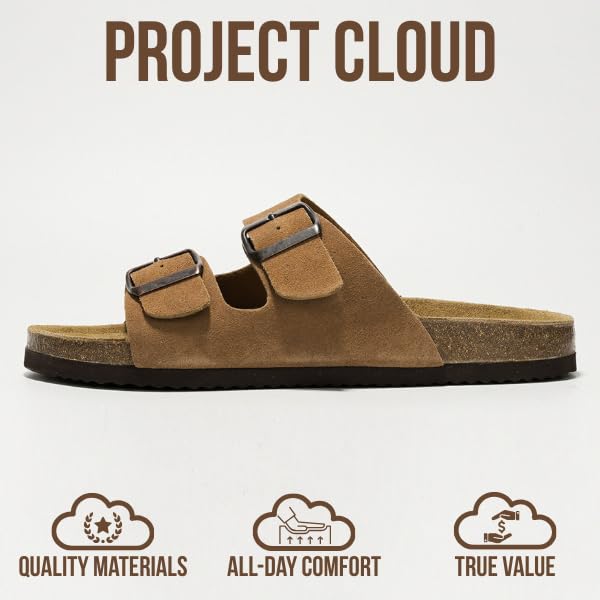 Project Cloud Genuine Leather Mens Sandals with Memory Foam Natural Cork Footbed Slides for Men Footwear - Non-Slip Double-Strap Buckle Summer Sandals (Arizona,TANSUEDE,9) - Image 3