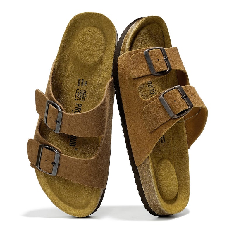 Project Cloud Genuine Leather Mens Sandals with Memory Foam Natural Cork Footbed Slides for Men Footwear - Non-Slip Double-Strap Buckle Summer Sandals (Arizona,TANSUEDE,9) - Image 5
