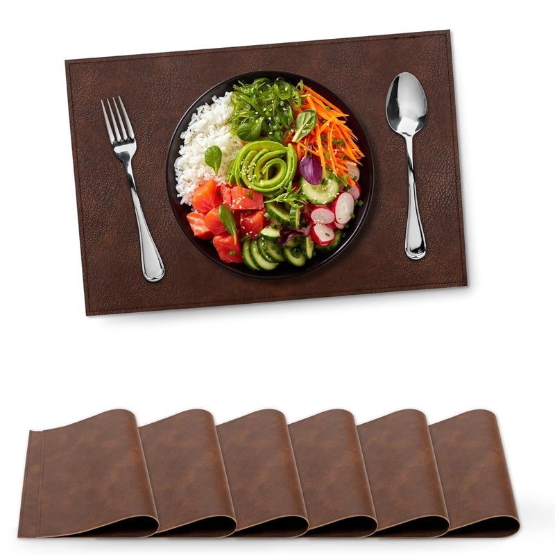 HS WORLD OF HORECA ESSENTIALS HS Aura Series Premium Leatherette Placemat 45x30cm Set of 6 Leather Textured Mat Scratch Spill Resistant Woven Dining Table Mat Easy to Clean Table Protector Dark Brown - Image 1