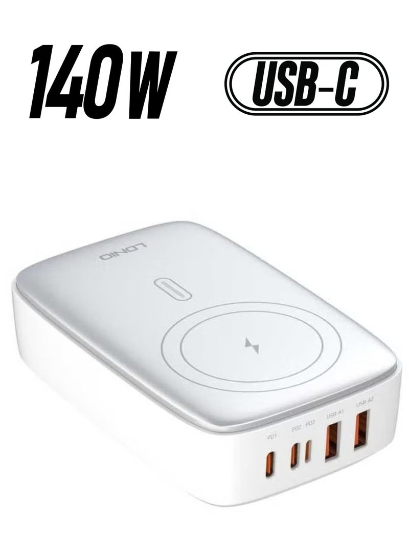 ELTRAZONE 140W Multi-Port Desktop Charger – 5 Ports GaN PD Fast Portable Type-C Charger for Laptop, Tablet & Mobile Phones, White - Image 1