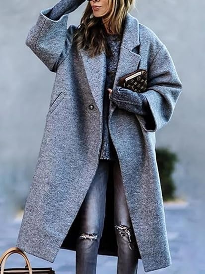 2025 New Autumn and Winter European and American Cross-Border Womens Clothing Amazon Casual Long Pure Color Warm Woolen Jacket Coat Gray 