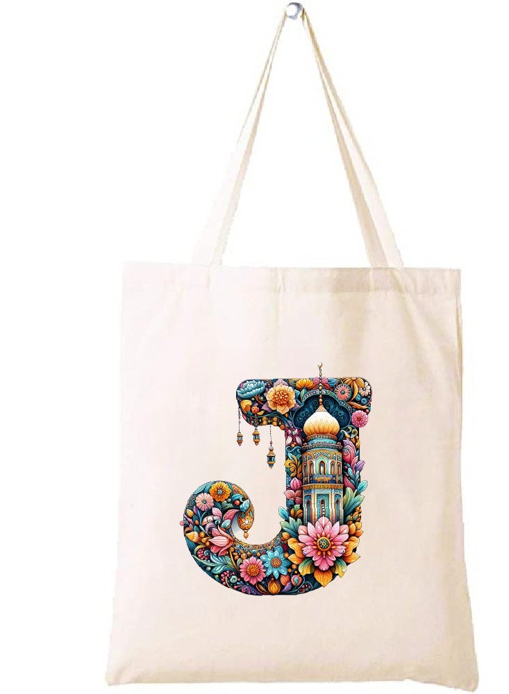 PRINTSHOP4ME Initial Monogram Tote Bag - Cotton Tote with Initial Design Printed - Perfect for School, Travel and Birthday Gift - Eco-Friendly Canvas Cotton Tote Bag for Women - Gift for Ramadan  - Image 1