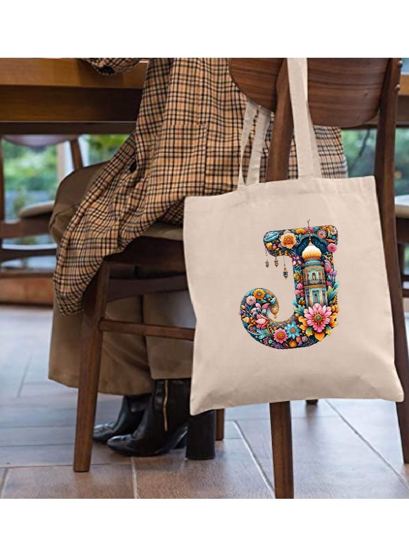 PRINTSHOP4ME Initial Monogram Tote Bag - Cotton Tote with Initial Design Printed - Perfect for School, Travel and Birthday Gift - Eco-Friendly Canvas Cotton Tote Bag for Women - Gift for Ramadan  - Image 3