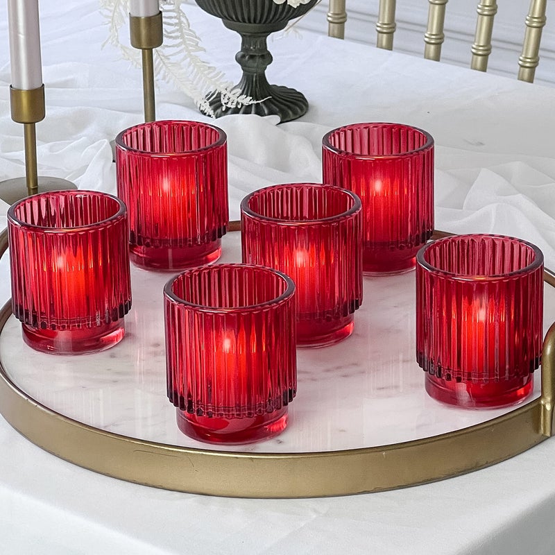 Kate Aspen Vintage Ribbed Red Glass Tealight  Votive Candle Holders Set of 6 Fall Decor Boho Decor Shelf Decoration 27206RD