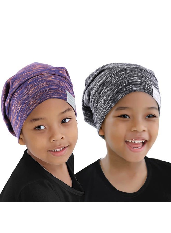 ELIHAIR 2pc Kids Sleep Bonnet Hats for Night Sleeping Cap Silky Lined Satin Bonnet with Adjustable Elastic Band for Teens Toddler Child Natural Curly Frizzy Hair Cover(Rose Violet and Grey Pale) - Image 1