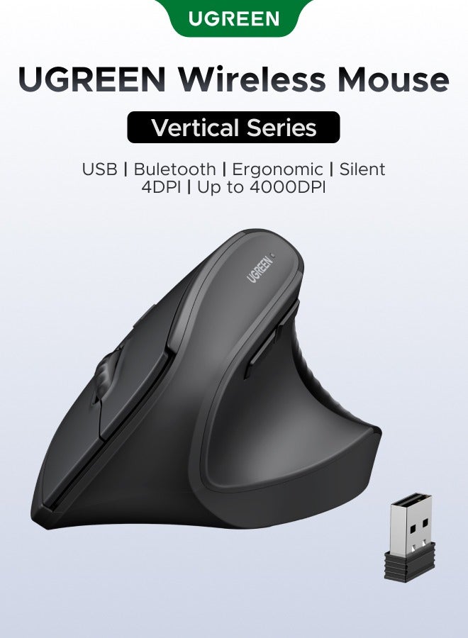 Ugreen Vertical Ergonomic Mouse, Dual-Mode, Wireless Mouse 2.4G With USB Receiver, Bluetooth Mouse 4 adjustable DPI up to 4000 DPI 5 Buttons, Silent, Smooth For Laptop, Desktop, PC, Macbook, Office, Comfort black - Image 1