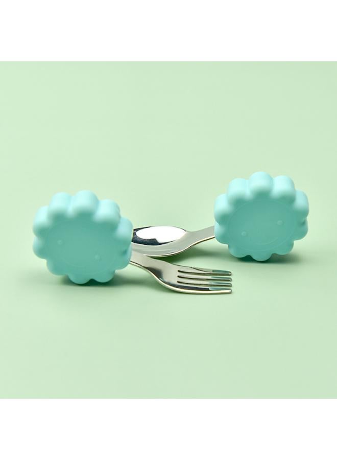 Hippo Baby Baby Learning To Eat Training Fork Spoon Short Handle Stainless Steel Tableware Children's Silicone Complementary Food Complementary Food Fork Spoon
