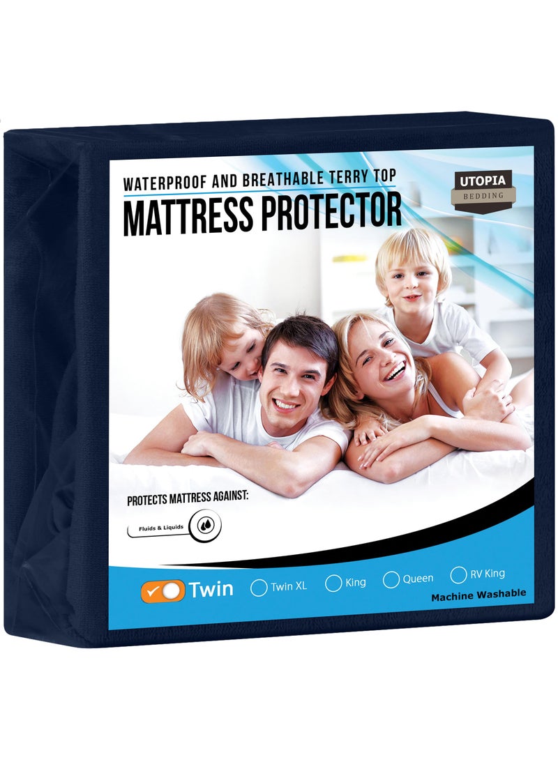 Utopia Bedding Utopia Bedding Waterproof Mattress Protector Twin Size  Premium Terry Mattress Cover 200 GSM  Breathable  Fitted Style with Stretchable Pockets (Navy)  - Image 1