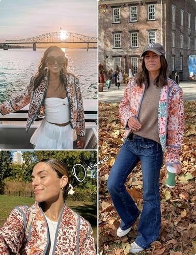 Omoone Women's Cropped Floral Reversible Quilted Jacket Cardigan Printed Lightweight Open Front Padded Puffer Coat(3950-01Brown-M) - Image 3
