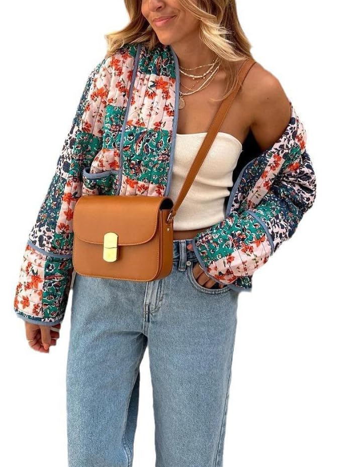 Omoone Women's Cropped Floral Reversible Quilted Jacket Cardigan Printed Lightweight Open Front Padded Puffer Coat(3950-01Brown-M) - Image 2