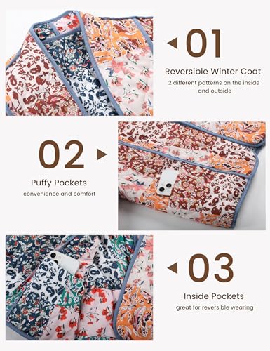 Omoone Women's Cropped Floral Reversible Quilted Jacket Cardigan Printed Lightweight Open Front Padded Puffer Coat(3950-01Brown-M) - Image 4