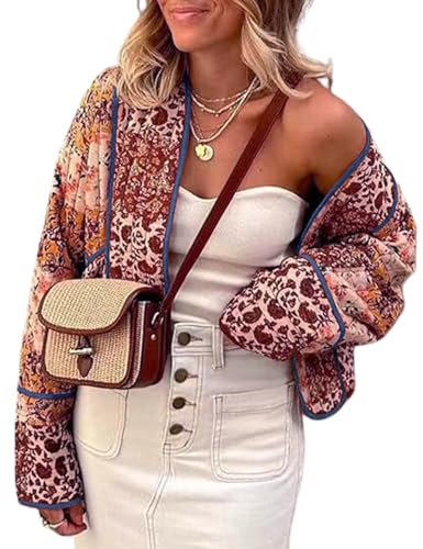Omoone Women's Cropped Floral Reversible Quilted Jacket Cardigan Printed Lightweight Open Front Padded Puffer Coat(3950-01Brown-M) - Image 1