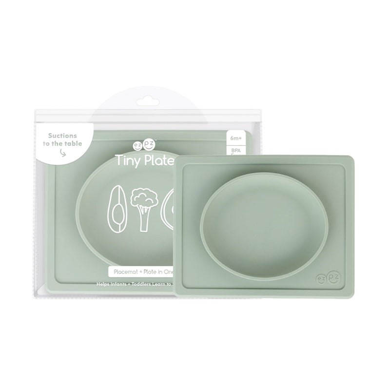 ezpz Tiny Plate (Sage) - 6 Months+ - 100% Silicone Suction Placemat + Plate for Infants - Fits on Most Highchair Trays - Baby Led Weaning Supplies - Image 1