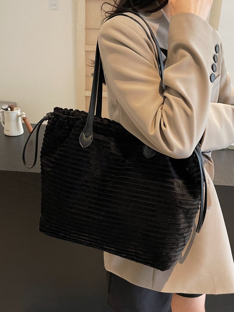 Striped Drawstring Bag Women'S Large Capacity Tote Bag Vintage Handbag Trendy Shoulder Crossbody Bag - Image 4
