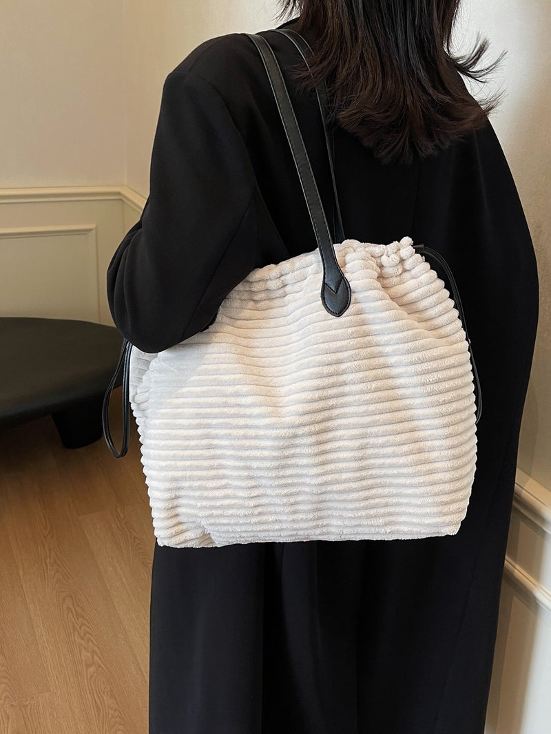 Striped Drawstring Bag Women'S Large Capacity Tote Bag Vintage Handbag Trendy Shoulder Crossbody Bag - Image 3