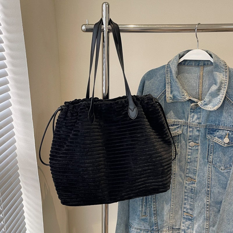 Striped Drawstring Bag Women'S Large Capacity Tote Bag Vintage Handbag Trendy Shoulder Crossbody Bag - Image 1