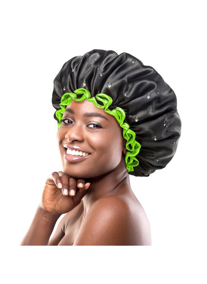 mikimini Extra Large Black Shower Caps Pack of 2 for Women and Men Thick Long Hair Braids, Reusable Waterproof Double Layers XL Bathing Hair Cap with Vibrant Green Edge (Black)  - Image 1